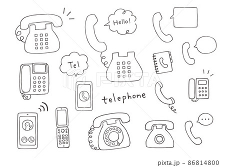 いろんな電話の手描きイラストセット モノクロ のイラスト素材