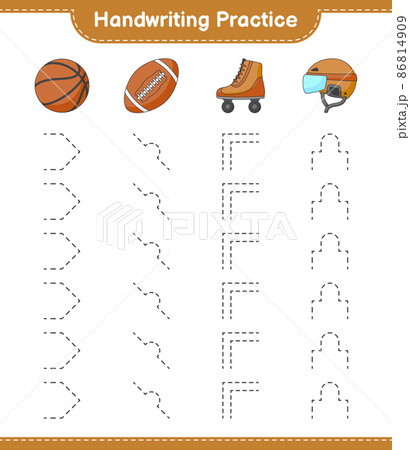 Handwriting practice. Tracing lines of Hockey Helmet, Roller Skate, Basketball, and Soccer Ball. Educational children game, printable worksheet, vector illustration 86814909