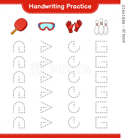 Handwriting practice. Tracing lines of Bowling Pin, Goggle, Ping Pong Racket, and Goalkeeper Gloves. Educational children game, printable worksheet, vector illustration 86814910
