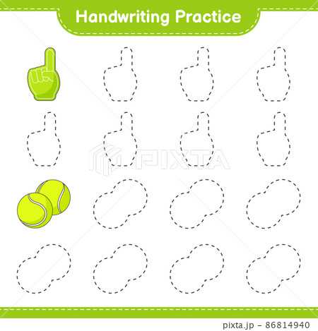 Handwriting practice. Tracing lines of Foam Finger and Tennis Ball. Educational children game, printable worksheet, vector illustration 86814940