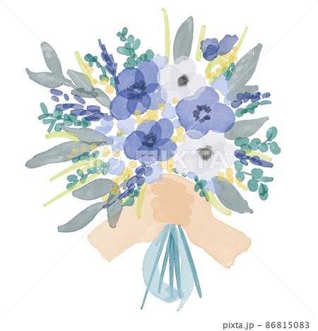 水彩画 水彩画で描いた花束 水彩タッチのウエディングブーケ 花束を持つ手のイラスト のイラスト素材