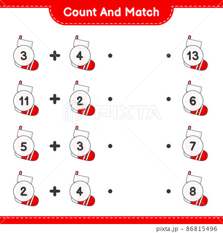 Count and match, count the number of Christmas Sock and match with the right numbers. Educational children game, printable worksheet, vector illustration Count and match, count the number of Christmas Sock and match with the right numbers. Educational children game, printable worksheet, vector illustration 86815496
