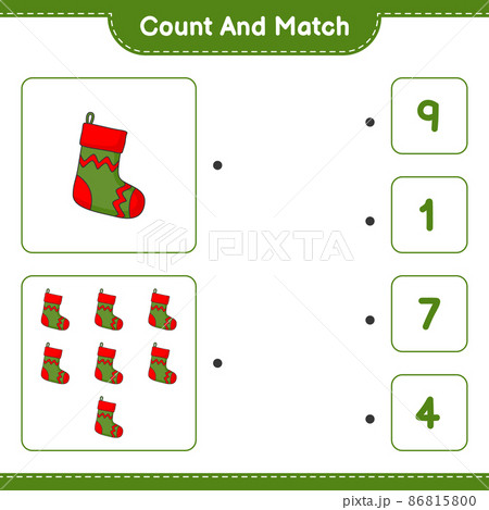 Count and match, count the number of Christmas Sock and match with the right numbers. Educational children game, printable worksheet, vector illustration Count and match, count the number of Christmas Sock and match with the right numbers. Educational children game, printable worksheet, vector illustration 86815800