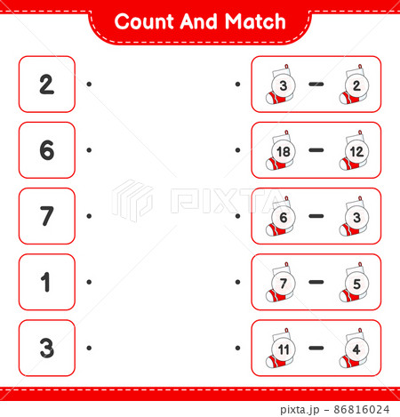 Count and match, count the number of Christmas Sock and match with the right numbers. Educational children game, printable worksheet, vector illustration Count and match, count the number of Christmas Sock and match with the right numbers. Educational children game, printable worksheet, vector illustration 86816024