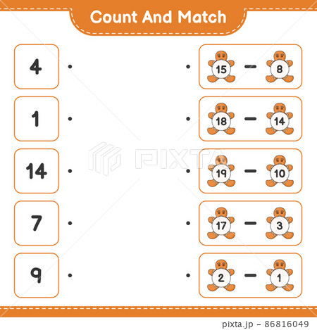 Count and match, count the number of Gingerbread Man and match with the right numbers. Educational children game, printable worksheet, vector illustration 86816049