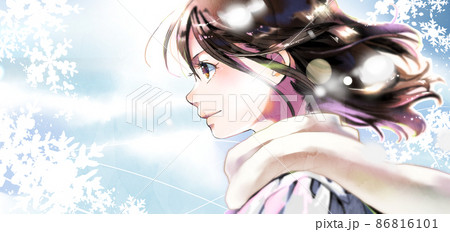 横顔の女学生イラスト冬のカラー背景あり左スペースあり 横顔の女学生イラスト冬のカラー背景あり左スペースあり 86816101