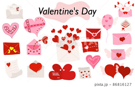 A set of items for ValentineDay. Envelopes, valentines, letters. In color version. A symbol of love and a Valentine Day holiday. Vector illustration. A set of items for ValentineDay. Envelopes, valentines, letters. In color version. A symbol of love and a Valentine Day holiday. Vector illustration. 86816127
