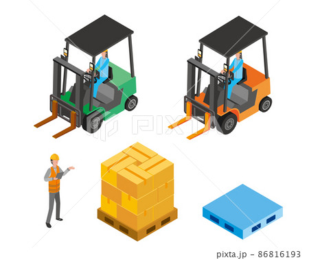 フォークリフトとパレットのアイソメトリックイラスト 86816193