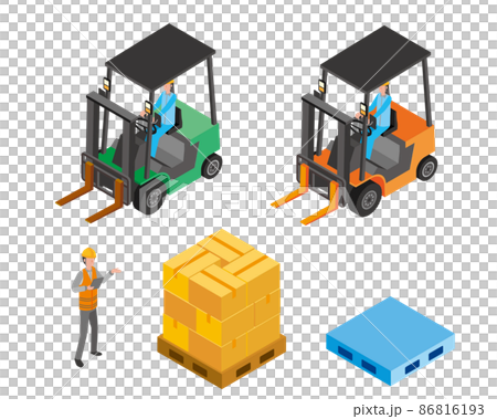 フォークリフトとパレットのアイソメトリックイラスト 86816193