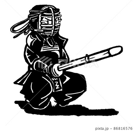 モノクロ線画 蹲踞する女性剣士 白背景 試合前 全身で竹刀構える マスクあり のイラスト素材