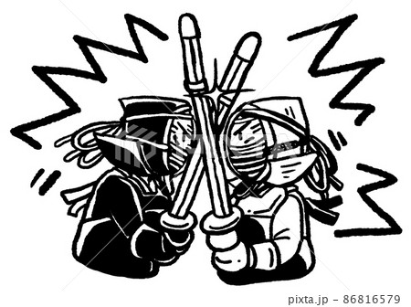 モノクロ線画　男の子剣士　ライバル同士　試合中　面とマスクあり 86816579