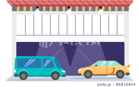 Gates with lifting mechanism, place for automobile, vehicle parking. Car near garage 86816844