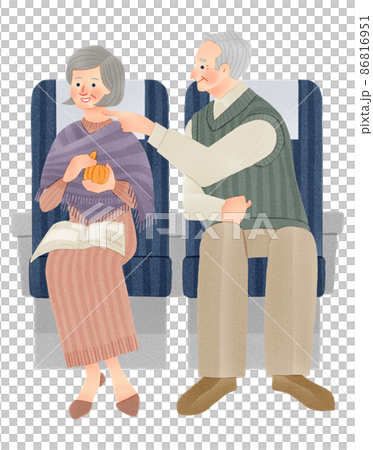 Hand-drawn illustration of an elderly couple traveling on the Shinkansen or train 86816951
