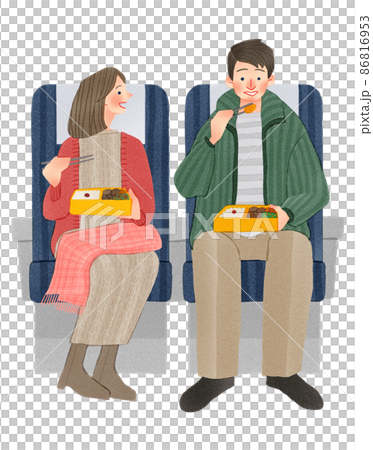 一對年輕夫婦乘坐新幹線或火車旅行的手繪插圖 一對年輕夫婦乘坐新幹線或火車旅行的手繪插圖 86816953