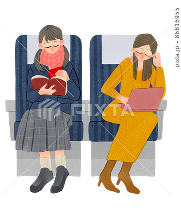 新幹線や電車に乗って旅行をする学生と女性 手描きイラストのイラスト素材