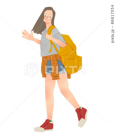 バックパックをもって旅行をする女性 手描きイラスト 86817054