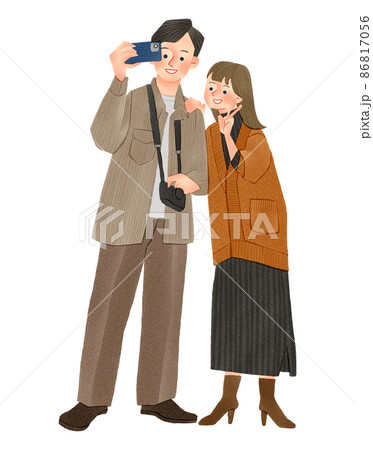 スマートフォンで写真を撮る男性と女性 手描きイラスト スマートフォンで写真を撮る男性と女性 手描きイラスト 86817056