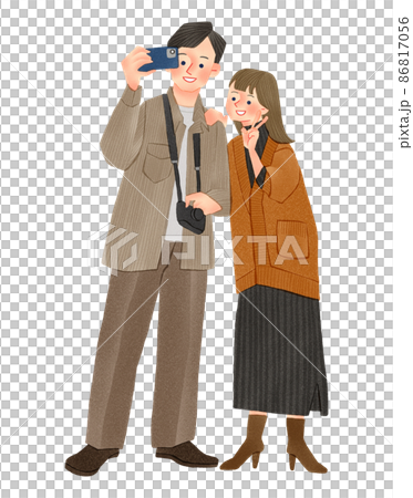 Hand-drawn illustrations of men and women taking pictures with smartphones 86817056