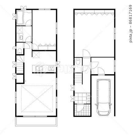 住宅一軒家、戸建ての間取り図の図面のイラスト2LDK+DIN駐車場　マイホーム見取り図白黒モノクロ 86817169