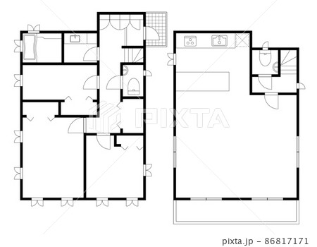 住宅一軒家 戸建ての間取り図の図面のイラスト3ldk マイホーム見取り図白黒モノクロのイラスト素材