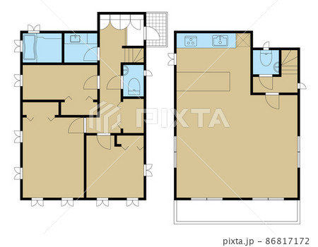 住宅一軒家、戸建ての間取り図の図面のイラスト3LDK　マイホーム見取り図カラー 86817172