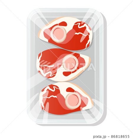 Steak on the bone. A piece of meat in a vacuum pack. Pork and beef in a plastic tray. Vector illustration. 86818655