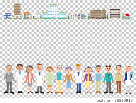 Elderly people holding hands, medical staff and cityscape Elderly people holding hands, medical staff and cityscape 86820919