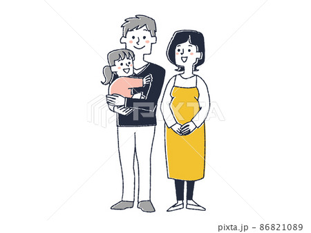 父親、妊婦、娘の三人家族 コミカルな手書きの人物イラスト ベクター線画にシンプルな色つけ 白バック 父親、妊婦、娘の三人家族 コミカルな手書きの人物イラスト ベクター線画にシンプルな色つけ 白バック 86821089