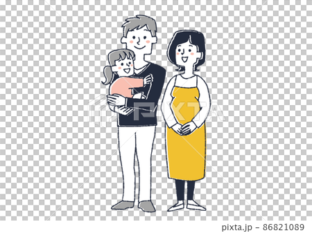 父親、妊婦、娘の三人家族 コミカルな手書きの人物イラスト ベクター線画にシンプルな色つけ 白バック 父親、妊婦、娘の三人家族 コミカルな手書きの人物イラスト ベクター線画にシンプルな色つけ 白バック 86821089
