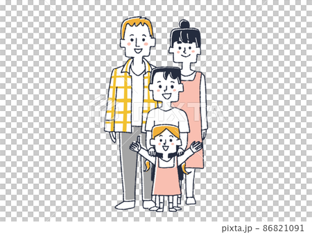 一個四口之家,一對夫婦和一個兒子和女兒,一個滑稽的手繪人物插圖,一個簡單的矢量線圖著色,以及一個白色背景。 一個四口之家,一對夫婦和一個兒子和女兒,一個滑稽的手繪人物插圖,一個簡單的矢量線圖著色,以及一個白色背景。 86821091