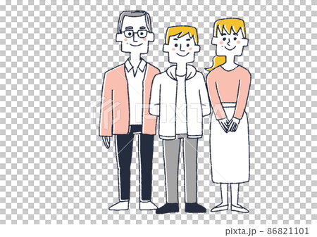 一個三口之家，一對夫婦和一個兒子，一個滑稽的手寫人物插圖，矢量線圖上的簡單著色，以及白色背景。 86821101