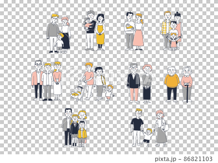 色々な家族のイラストセット　コミカルな手書きの人物イラスト　ベクター線画にシンプルな色つけ　白バック 86821103