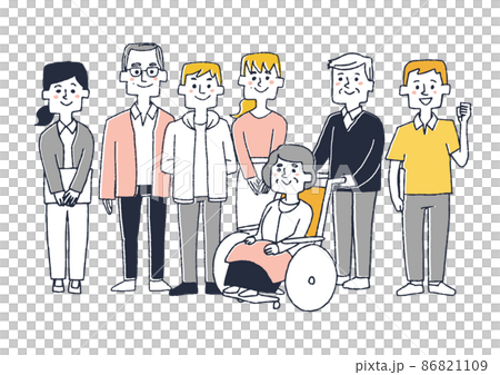 三代家庭和護理人員可笑的手寫人物插圖帶有簡單著色白色背景的矢量線圖 86821109