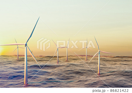 Wind turbines farm in ocean, big wind mill farm in lake or ocean with sunset time 86821422