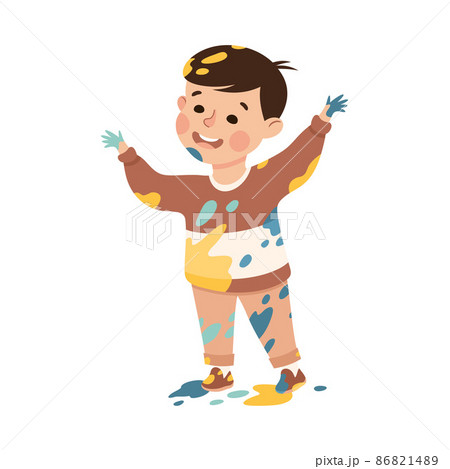 Little Boy Smeared in Paints Standing and Waving Hands Vector Illustration Little Boy Smeared in Paints Standing and Waving Hands Vector Illustration 86821489