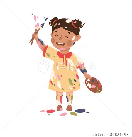 Little Girl Smeared in Paints Holding Artist Palette and Brush Vector Illustration 86821493