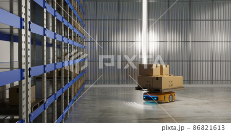 Automate guided vehicle (AGV) working in warehouse Automate guided vehicle (AGV) working in warehouse 86821613