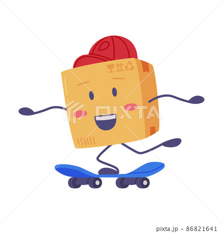 Cute Delivery Cardboard Box Character in Red Cap Riding Skateboard Vector Illustration Cute Delivery Cardboard Box Character in Red Cap Riding Skateboard Vector Illustration 86821641