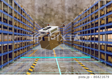 automatic drone working in warehouse to picking product and parcel box and puting at shelf or rack in warehouse 86821679