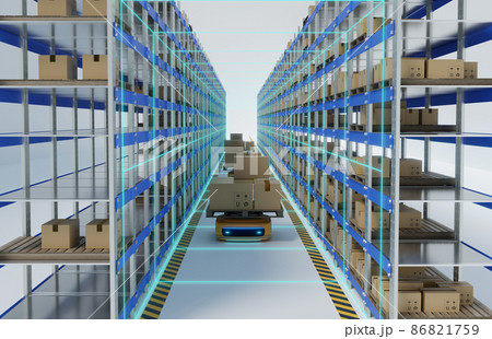 Automatic guild vehicle (AGV) robot carrying parcel box amid pallets to rack 86821759