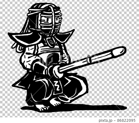 モノクロ線画　蹲踞する一人の子供剣士　白背景　試合前　全身で竹刀構える　マスクあり　 86822095