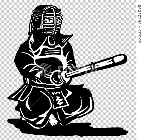 モノクロ線画　蹲踞する一人の男性剣士　白背景　試合前　全身で竹刀構える　マスクあり　 86822098
