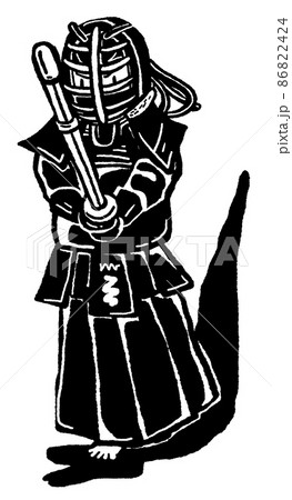 モノクロ線画　戦う一人の男性剣士　白背景　全身で竹刀構える　マスクあり　 86822424