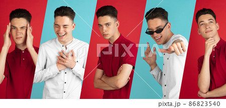 Portraits of young handsome boy posing with different emotions isolated over blue and red background. Collage Portraits of young handsome boy posing with different emotions isolated over blue and red background. Collage 86823540