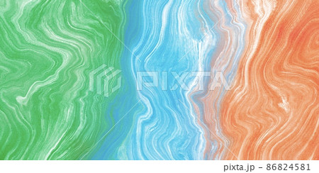 ざらざらテクスチャ・マーブル模様の抽象背景　横長バナー　黄緑と水色とオレンジ　ラメ　カラフル　粒子 86824581
