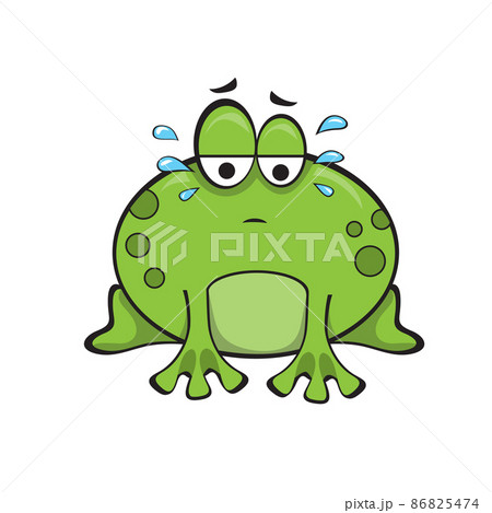 Cute sad frog sitting and crying. Green funny cartoon frog character 86825474