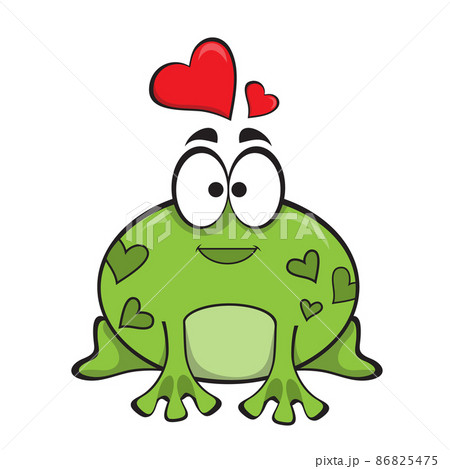 Funny little frog with red hearts overhead. In cartoon style. Isolated on white 86825475