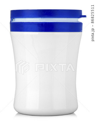 white jar with blue cap without label on a white background with clipping path 86825511