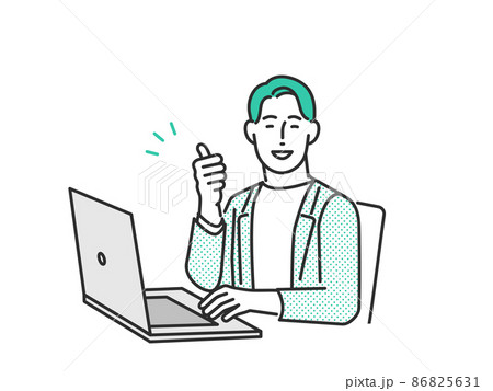 PCを操作して親指を立てる明るい表情の若い男性のイメージイラスト素材 86825631