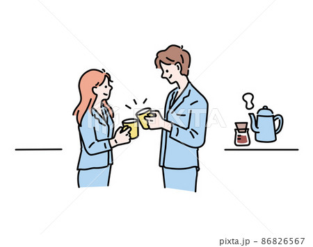 寝起きの男女のイラスト カップル 夫婦 同棲 朝 コーヒー 新婚生活 幸せ 結婚 のイラスト素材